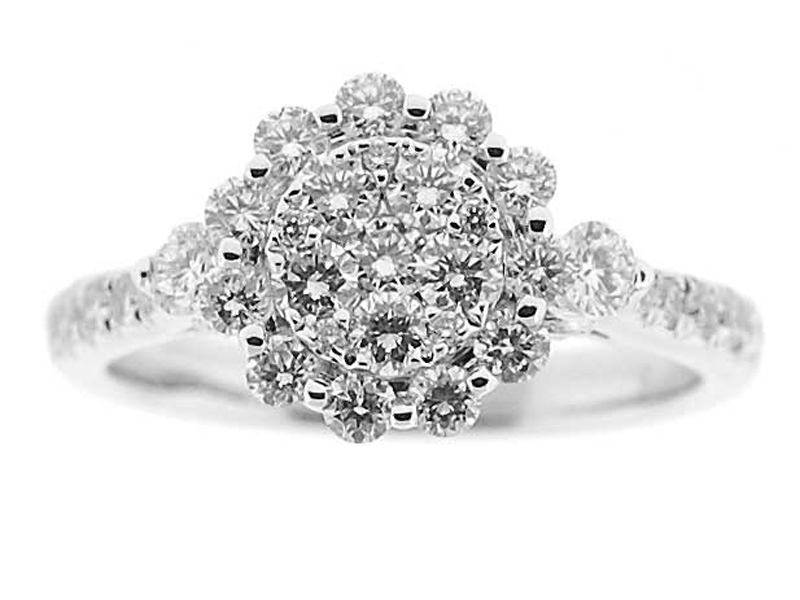 Diamond Cluster Right Hand Fashion Ring with a Side Profile of Beaded Milgrain and Filigree Design in 18K White Gold