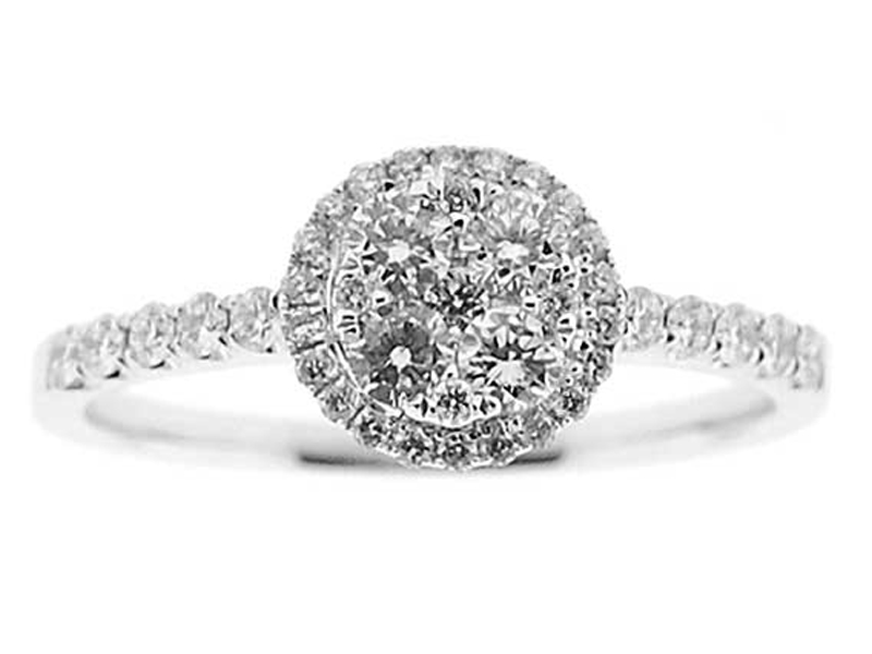 Round Right Hand Fashion Ring with Cluster of Diamonds Surrounded by Diamond Halo in 18K White Gold