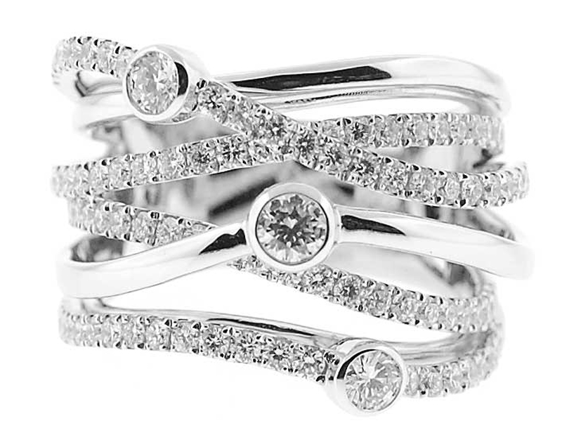 Statement Ring with 6 Intersecting Rows of Bezel and Prong Set Diamonds in 18K White Gold