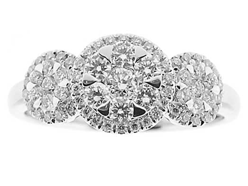 3 Stone Right Hand Fashion Ring with Clusters of Diamonds Surrounded by Diamond Halos in 18K White Gold