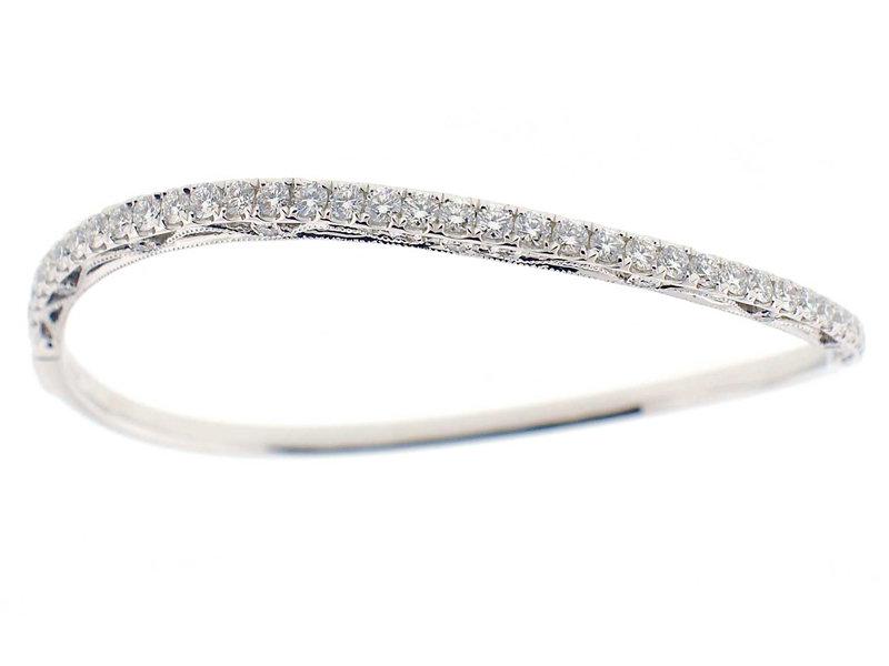 Curved Bangle with Round Diamonds in 18k White Gold