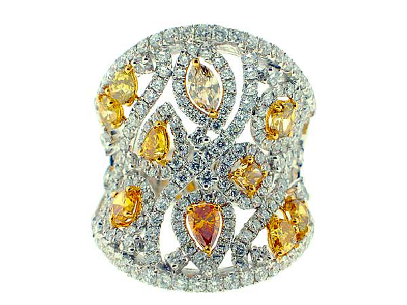 Statement Ring with Diamonds and Various Cuts of Fancy Yellow Diamonds Set in 18K White Gold