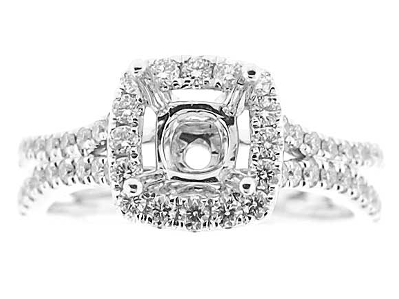Square Halo, Waved Split Shank Diamond Semi Mount Engagement Ring Setting