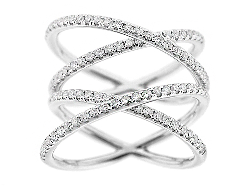 Modern Ladies Crossover Ring with Overlapping Rows of Diamonds in 18k White Gold