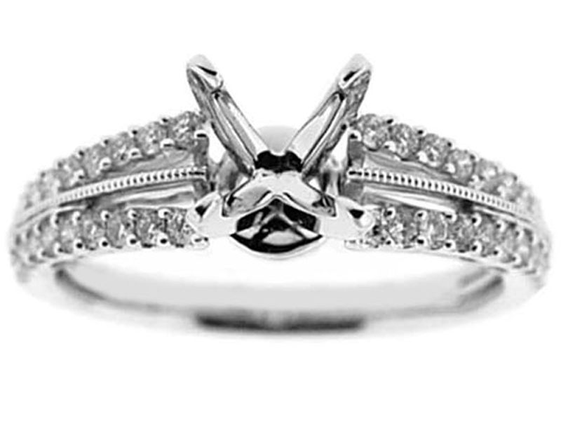 Two Row Slight Split Shank Diamond Semi Mount Engagement Ring Setting in 18k White Gold