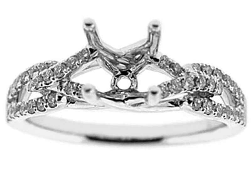 V Shape and Split Shank Diamond Semi Mount Engagement Ring Setting in 18k White Gold