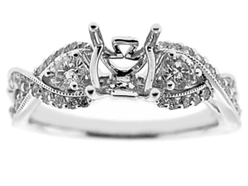 Twisted Split Shank 3 Stone Look Diamond Semi Mount Engagement Ring in 18k White Gold
