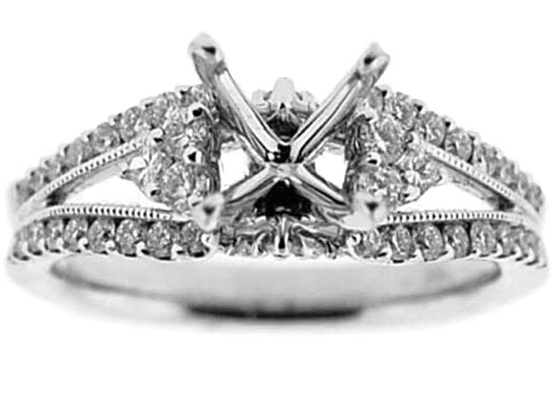 Split Shank 3 Stone Look Semi Mount Engagement Ring in 18k White Gold