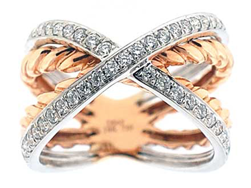 Two Toned Crossover Style Ring with Diamonds Set in 18K White Gold and Rope Design in 18K Rose Gold