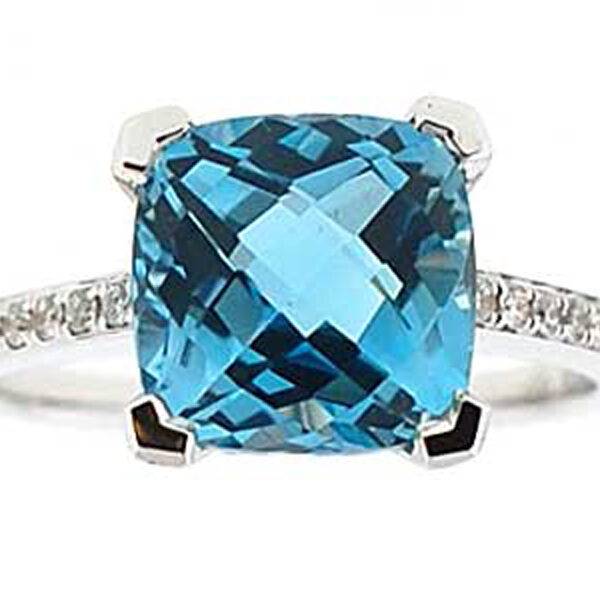 Cushion Cut Blue Topaz Right Hand Fashion Ring with Diamonds Set in 18K White Gold
