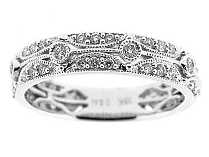 Beaded Milgrain Engraved Band with Bezel and Micro-Prong Set Round Diamonds in 18k White Gold
