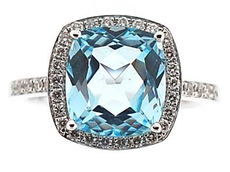 Cushion Cut Aquamarine Right Hand Fashion Ring with Diamond Halo Set in 18K White Gold