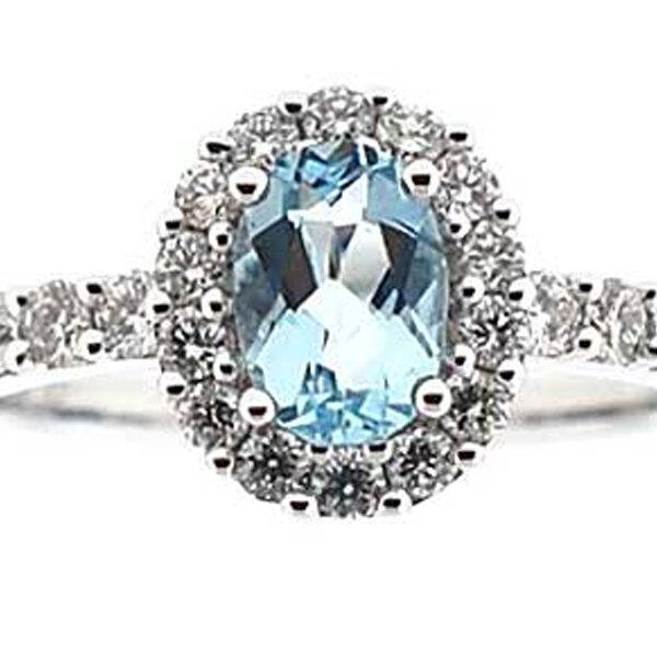 Aquamarine Oval Right Hand Fashion Ring with Diamond Halo in 18K White Gold