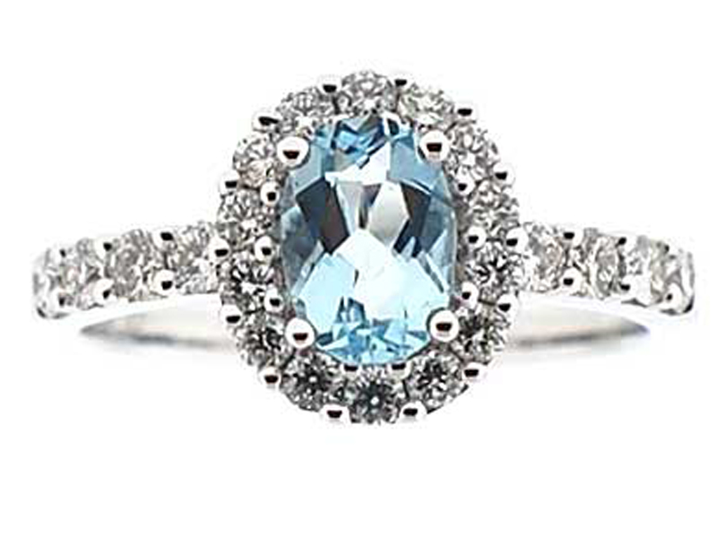 Aquamarine Oval Right Hand Fashion Ring with Diamond Halo in 18K White Gold