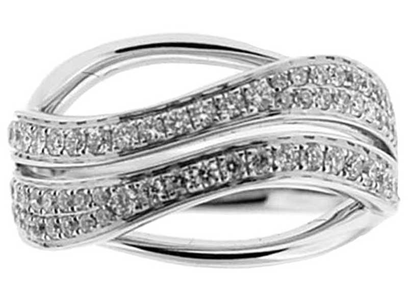 Crossover Style Right Hand Fashion Ring with a Wavy Design of Diamonds Set in 18K White Gold