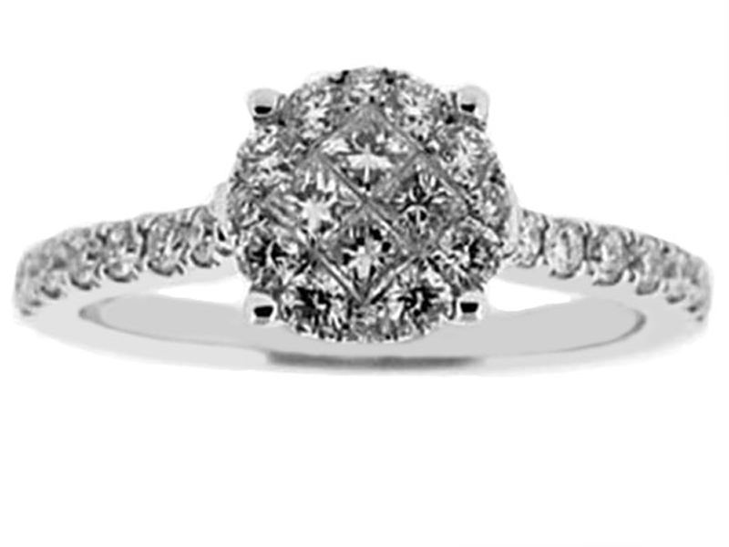 Cluster Style Engagement Ring with Princess Cut and Round Diamonds Set in 18k White Gold