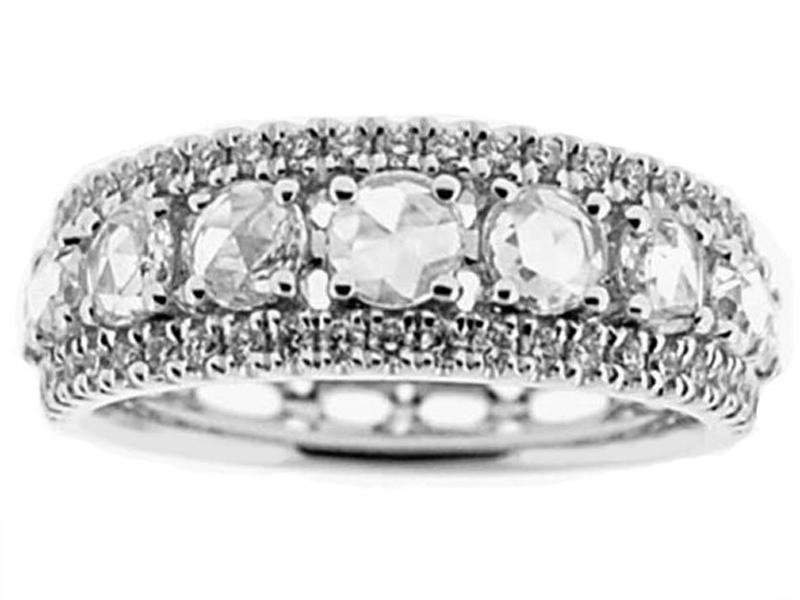 Right Hand Fashion Ring with Large Diamonds Between Bordering Rows of Diamonds in 18K White Gold