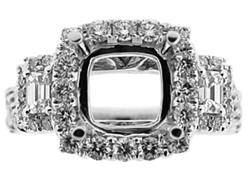 3 Stone Look Square Halo Twist Shank Diamond Semi Mount Engagement Ring 14kt White Gold