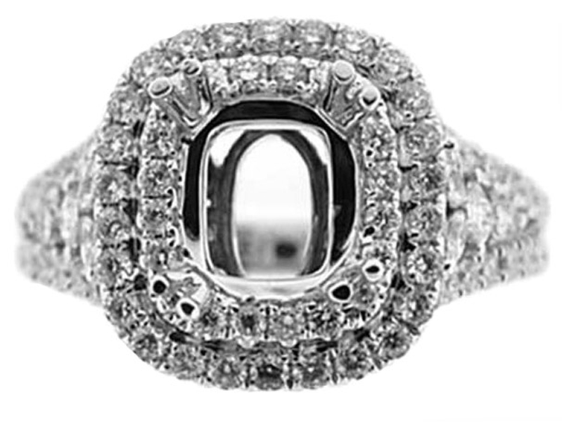 Cushion Double Halo Graduating Sides Diamond Semi Mount Engagement Ring 14kt White Gold