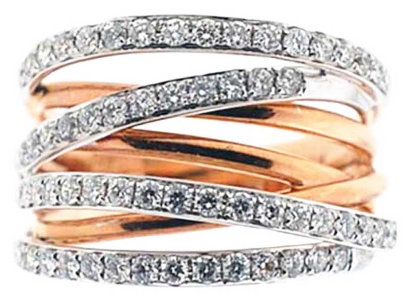 Two Toned 7 Row Crossover Style Ring with Overlapping Rows of Diamonds in 14K Rose and White Gold