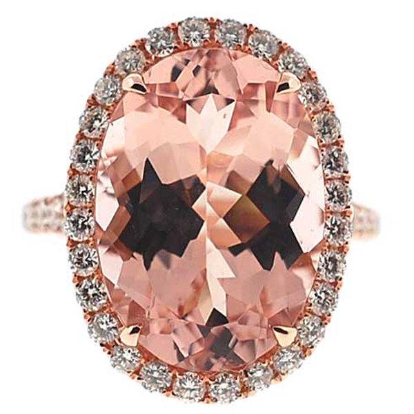 Morganite Statement Ring in 18K Rose Gold with Diamond Halo