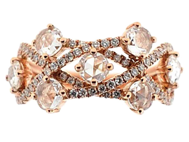 Right Hand Fashion Ring with Overlapping Rows of Round and Rose Cut Diamonds in 18K Rose Gold