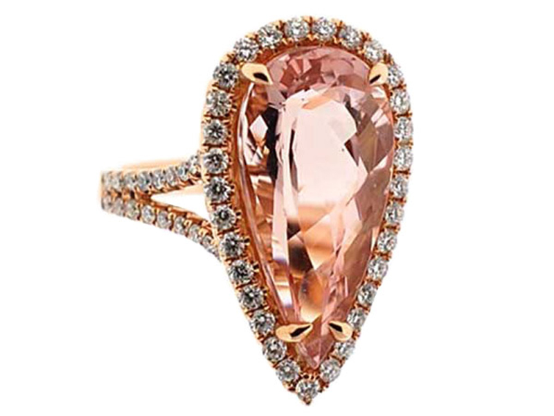 Pear Shaped Morganite Statement Ring in 18K Rose Gold with Diamond Halo