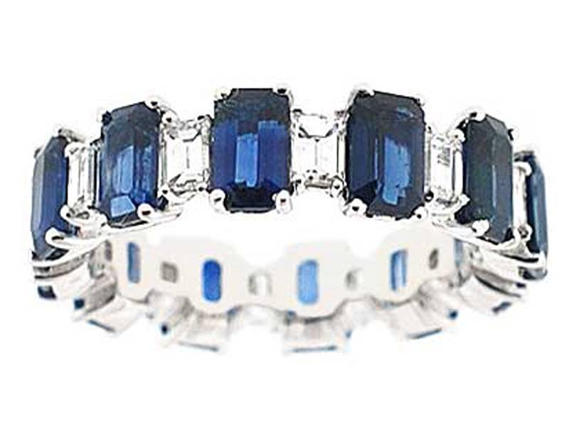 Sapphire Right Hand Fashion Ring with Diamond Baguettes in 18K White Gold