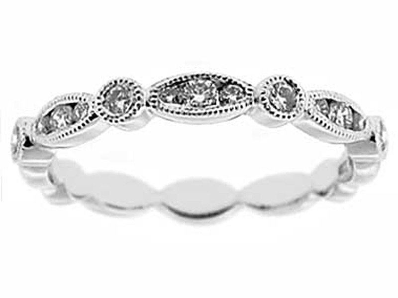 Vintage Inspired Combination Set Band with Beaded Milgrain and Bezel and Channel Set Diamonds in 18k White Gold