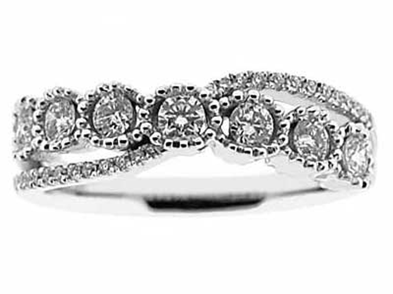 Crossover Style Right Hand Fashion Ring with Bezel Set Diamonds Surrounded by Beaded Milgrain in 18K White Gold