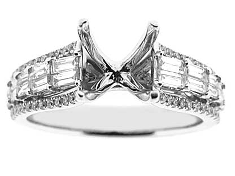 Baguettes and Round Diamonds Semi Mount Engagement Ring 18kt White Gold