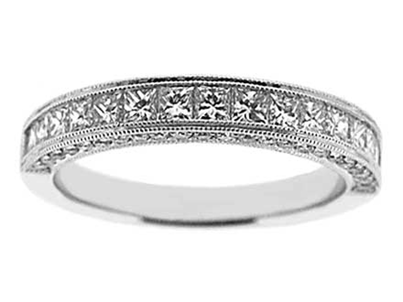 Milgrain Decorated Channel and Micro-Pavé Set Band w/ Princess Cut and Round Diamonds in 18k White Gold