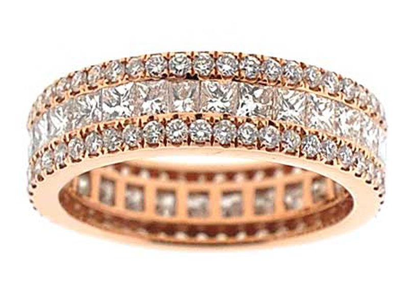 Eternity Band with Channel Set Princess Cut Diamonds Bordered by Prong Set Round Diamonds in 18k Rose Gold