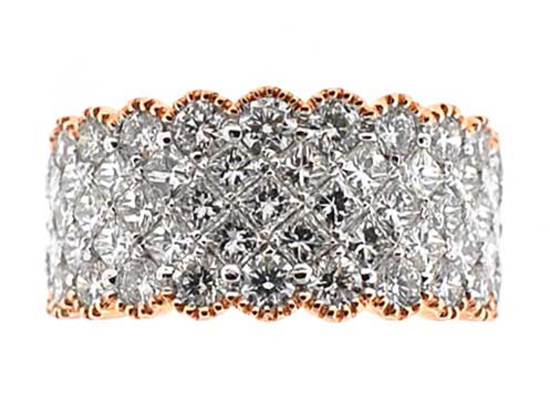 Two Tone Pavé Set Statement Ring with Princess Cut Diamonds in 18K White Gold and Beaded Milgrain Border in Rose Gold