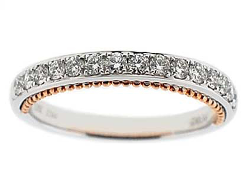 Single Row Micro-Prong Set Band with Round Diamonds in 18k White Gold and Beaded Milgrain in 18k Rose Gold
