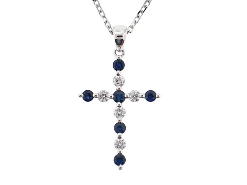 Cross Pendant with Sapphire and Diamonds Set in 18K White Gold