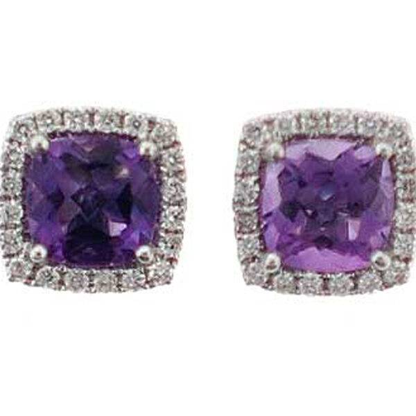 Cushion Cut Amethyst Post Back Stud Earrings with Single Diamond Halo Set in 18K White Gold