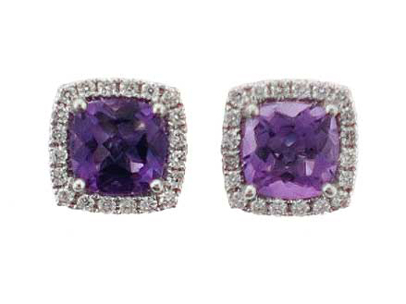 Cushion Cut Amethyst Post Back Stud Earrings with Single Diamond Halo Set in 18K White Gold