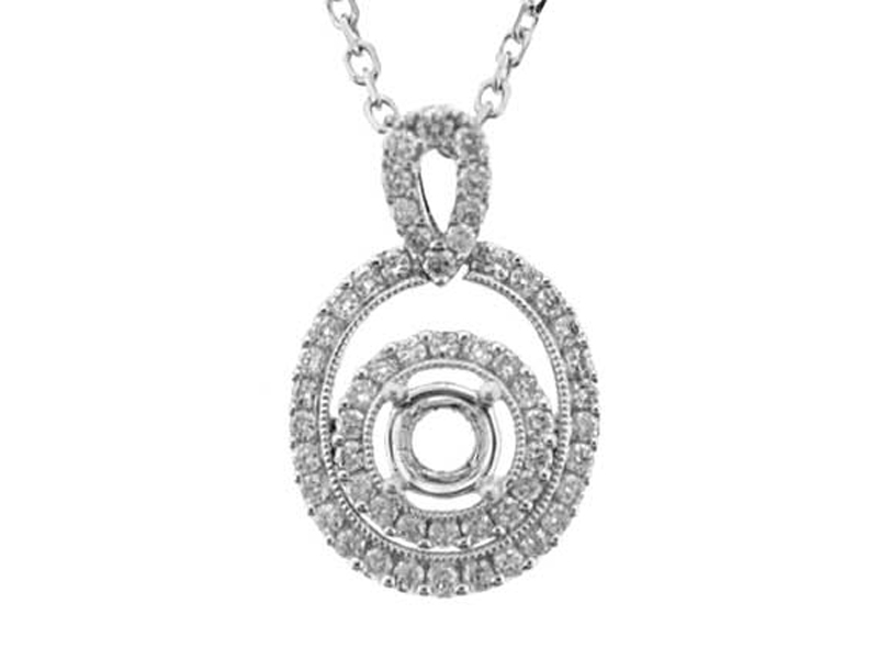 Double Halo Solitaire Pendant with Diamonds and Inner Border of Beaded Milgrain in 18k White Gold