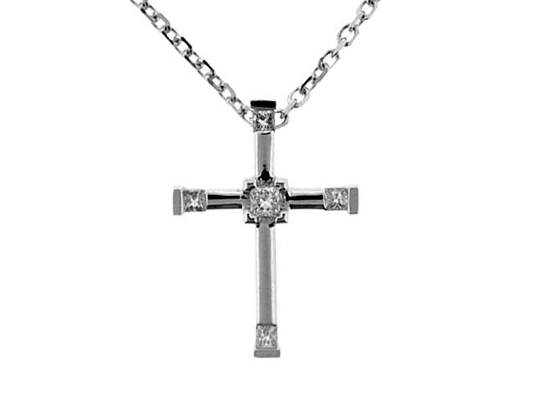 Cross Pendant with Princess Cut Diamonds Set Within 18k White Gold