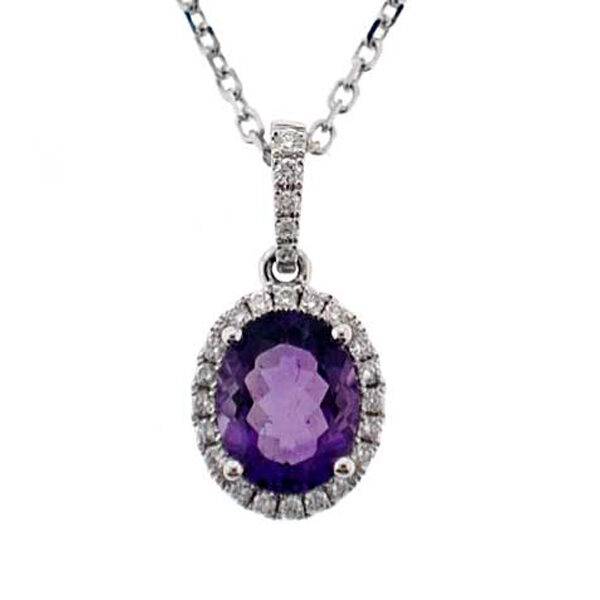 Oval Amethyst Pendant with Single Diamond Halo Set in 18K White Gold