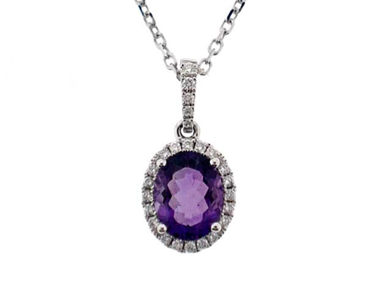 Oval Amethyst Pendant with Single Diamond Halo Set in 18K White Gold