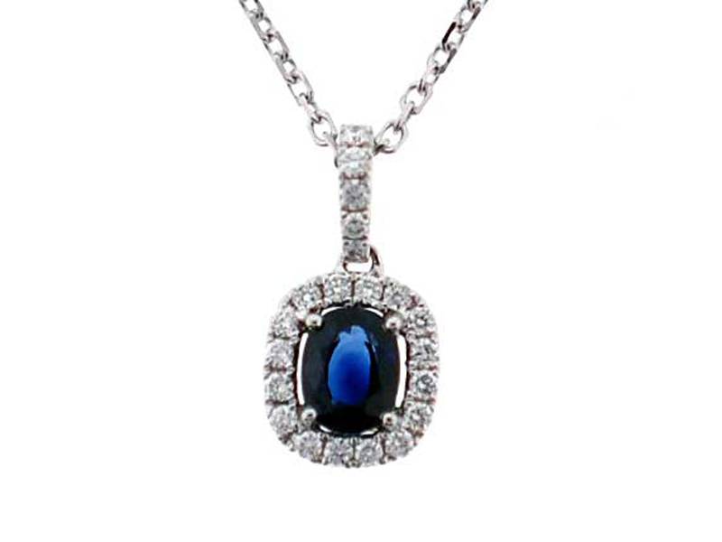Oval Sapphire Pendant with Diamond Halo in 18K White Gold