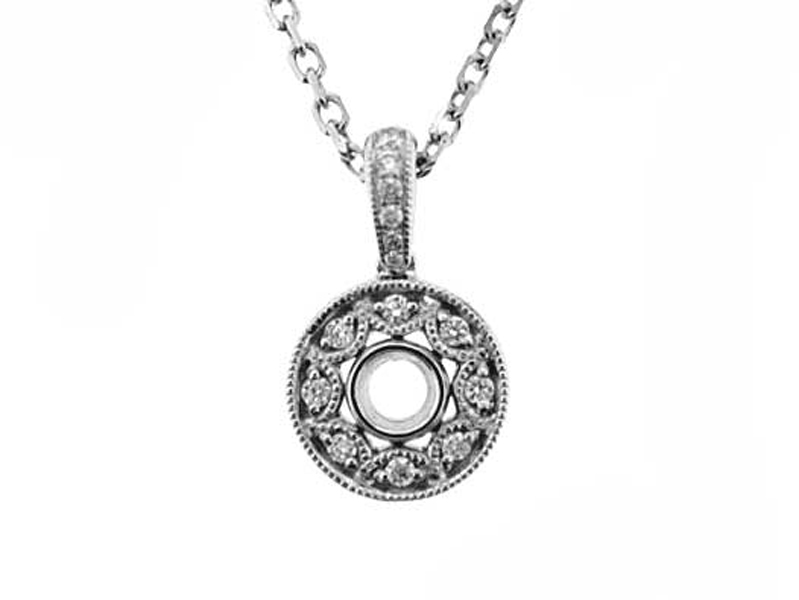 Round Solitaire Diamond Pendant with a Beaded Milgrain Design and Bezel Center in 18k White Gold