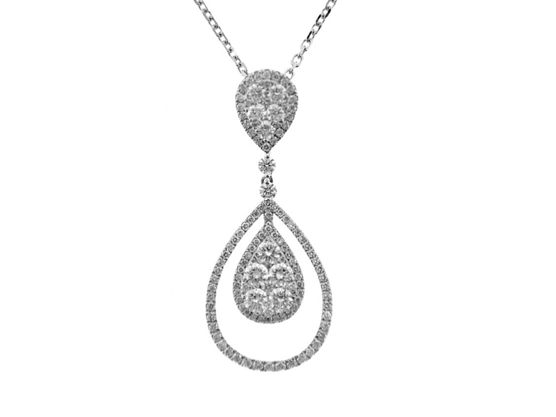 Dangling Double Drop Pendant with Diamond Halos Surrounding Round Diamonds in 18k White Gold