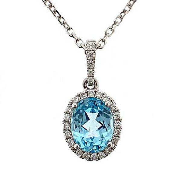 Oval Aquamarine Pendant with Single Diamond Halo Set in 18K White Gold