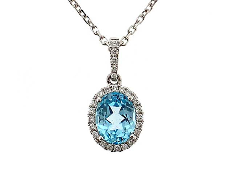 Oval Aquamarine Pendant with Single Diamond Halo Set in 18K White Gold