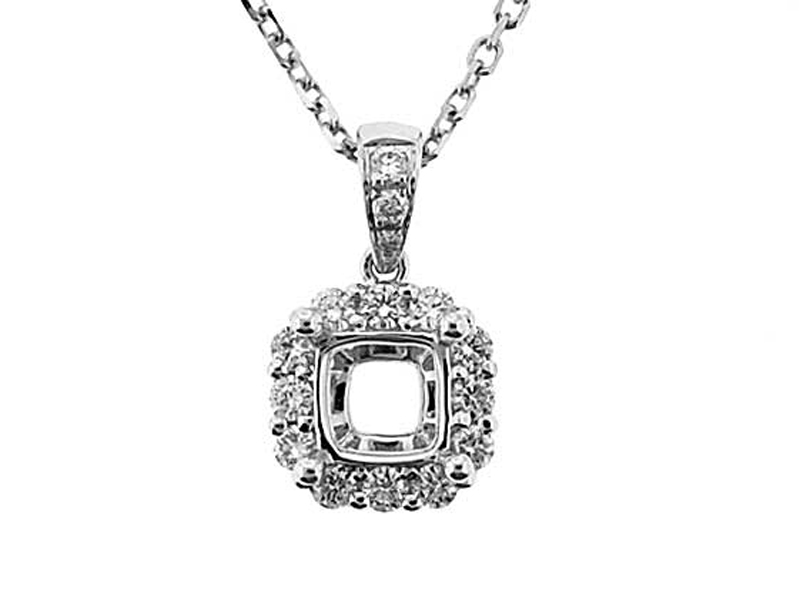 Square Solitaire Pendant with Halo of Round Diamonds Set in 18k White Gold