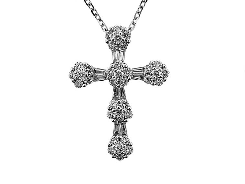 Cross Pendant with Clusters of Round Diamonds Connected by Baguette Diamonds in 18k White Gold