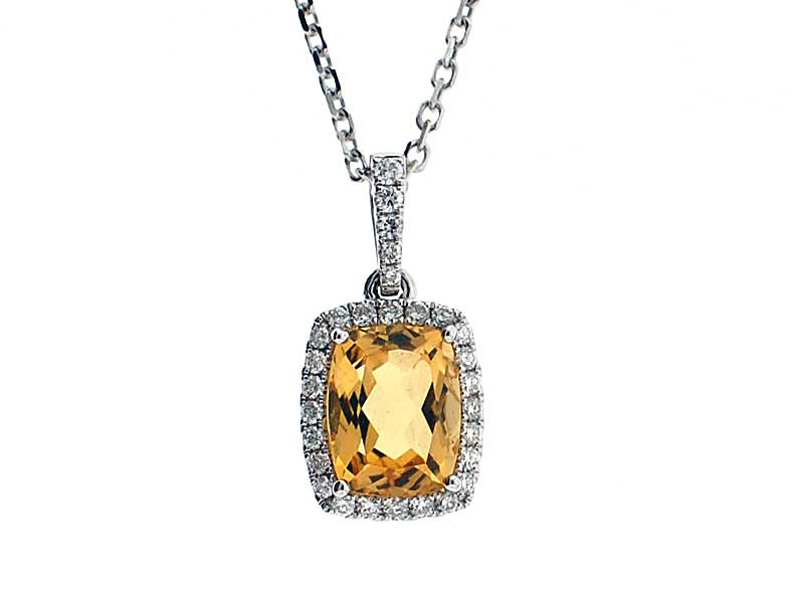 Rectangle Frame Halo Pendant with Radiant Citrine and Diamonds Set in 18k White Gold